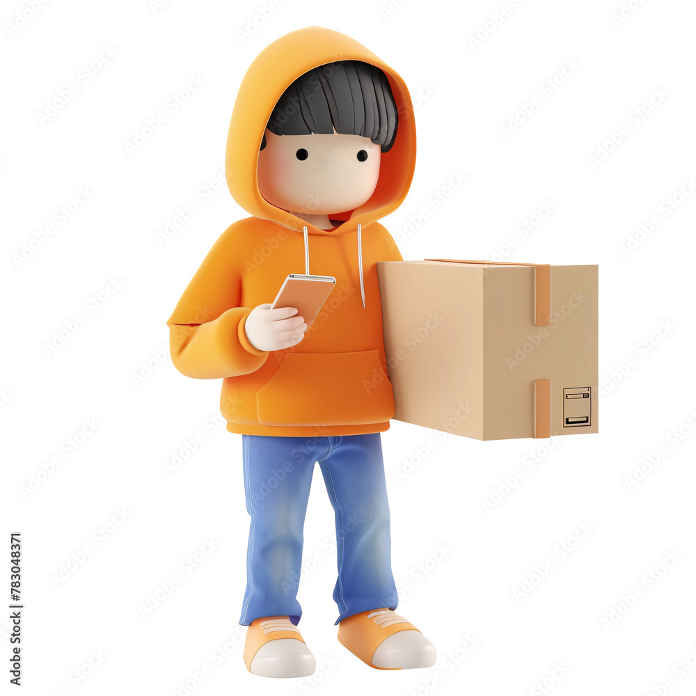 3d render Smiling guy carrying cardboard boxes for delivery service