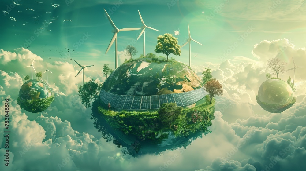 Surreal illustration of a green earth with wind turbines and solar ...