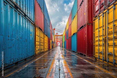 A row of colorful cargo containers lined up neatly along the dockside, with cranes and ships in the background, showcasing the bustling activity of a busy port