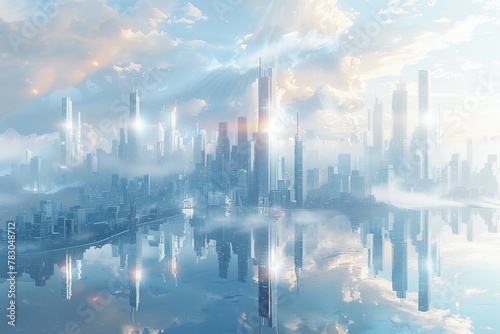 An artistic rendering of a futuristic city skyline dotted with sleek and futuristic cargo container skyscrapers, symbolizing the role of technology and innovation in shaping the cities of tomorrow  #783048712