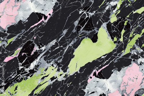 Seamless geometric pattern featuring lime green, pink, and black granite with gleaming silver veins