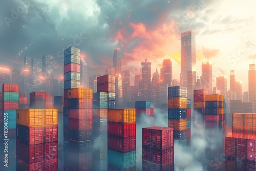 An artistic rendering of a futuristic city skyline dotted with sleek and futuristic cargo container skyscrapers, symbolizing the role of technology and innovation in shaping the cities of tomorrow  #783048755