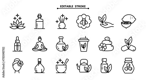 Ayurveda icons set. Editable stroke size. Outline pictogram vector illustration, aroma therapy, ayurvedic collection with symbols of healthy alternative medicine. Simple pictogram vector illustration.