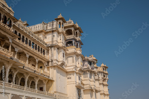 Udaipur, Rajasthan, India 07 April 2024: Shot of the historical exterior of City Palace. The palace was built nearly 400 years ago, with contributions from several rulers of the Mewar dynasty.