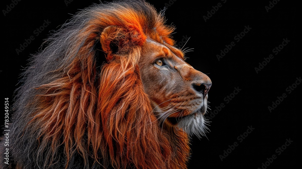 Naklejka premium Close-up View of a Male Lion Shaking His Luxurious Mane on Display. Dramatic light particles.