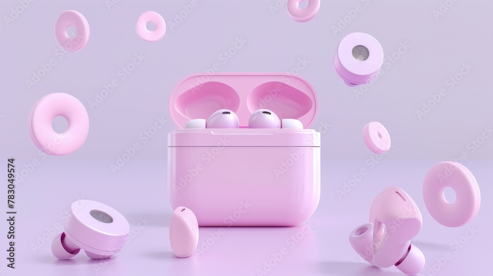 This is a 3D illustration of an earbuds ad displayed in front of floating discs against a light purple background.