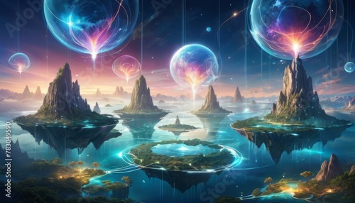 Breathtaking alien landscape featuring floating islands and giant, colorful celestial orbs reflecting in tranquil waters under a starry sky.. AI Generation
