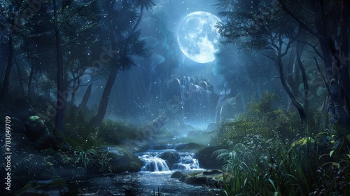 Everlasting serenity of a tranquil forest bathed in moonlight
