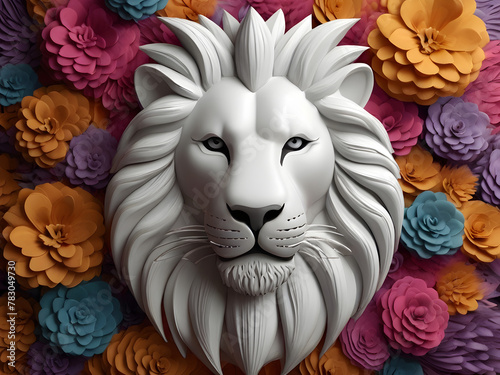 Amazing 3d Art wallpaper Illustration abstract of white floral lion decor, colorful lion and background. Decorative wall art.