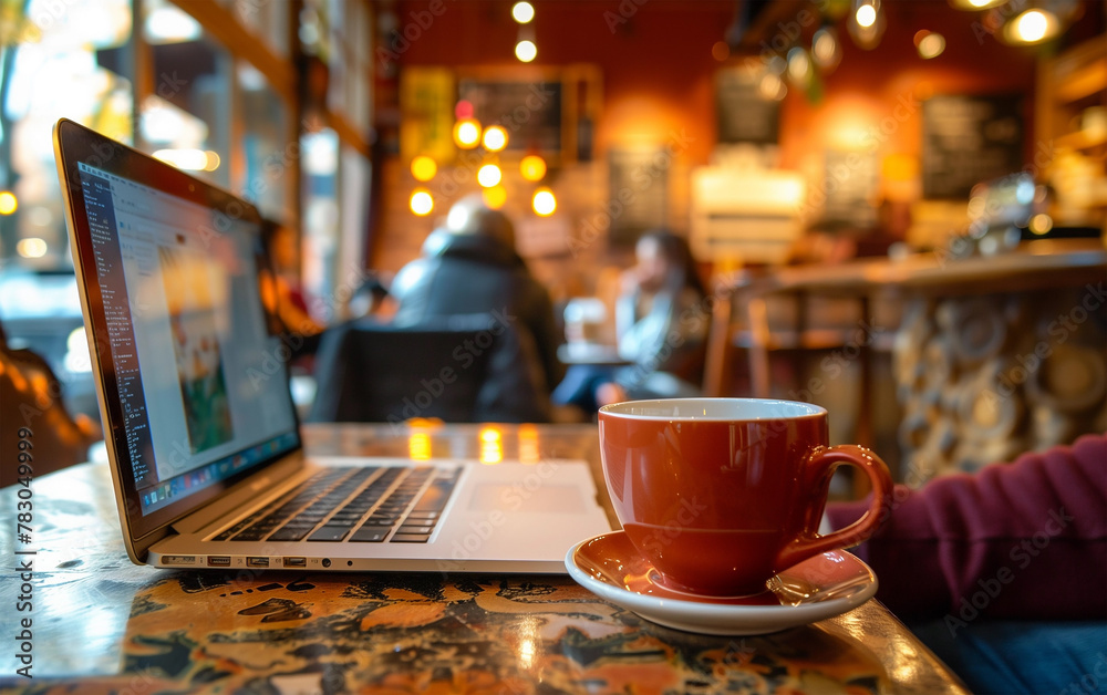 Digital Nomad Using Laptop in Café, Over Shoulder Shot with Coffee Cup - freelance lifestyle, coffee shop work.