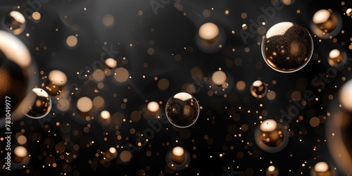 Metallic Gold Spheres on Black Background, Dynamic Bubbles in Dark Setting with Golden Highlights