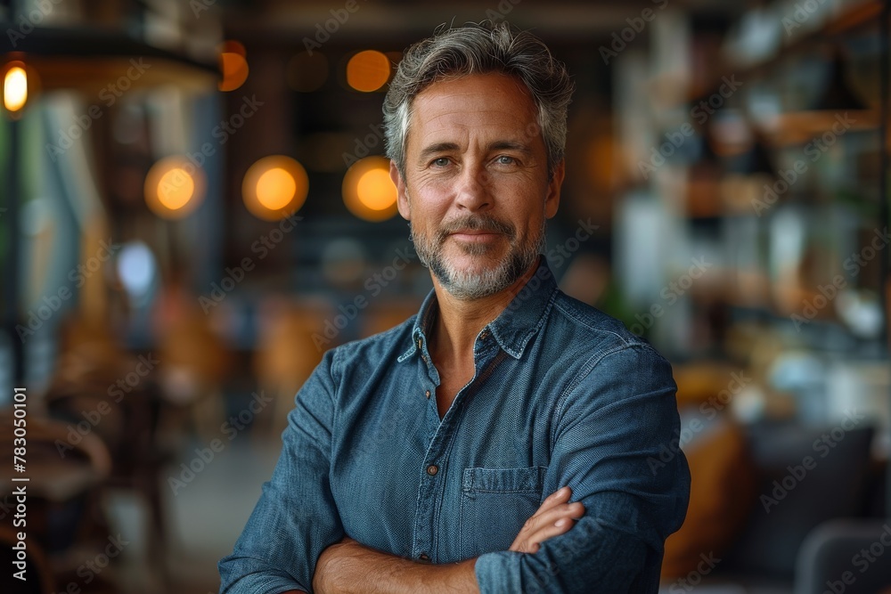 A portrait of a confident mature man with gray hair and a denim shirt, arms crossed, in a cafe setting A portrait of a confident mature man with gray hair and a denim shirt, arms crossed, in a cafe setting