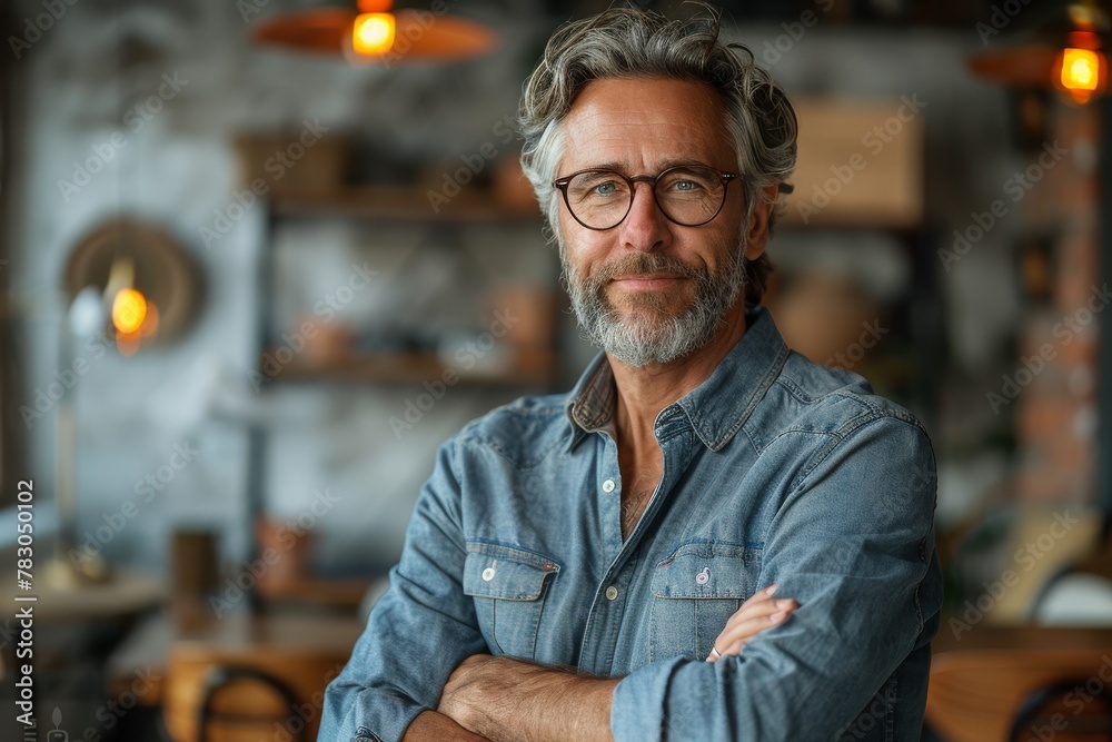 Content middle-aged man with stylish glasses and a casual denim shirt posing confidently in an urban eatery Content middle-aged man with stylish glasses and a casual denim shirt posing confidently in an urban eatery