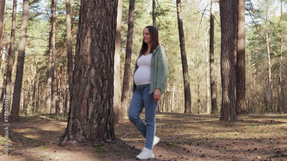 Pretty Caucasian brown haired pregnant woman breathing fresh air in spring forest walking among trees enjoying warm weather sunny day and beautiful nature Pretty Caucasian brown haired pregnant woman breathing fresh air in spring forest walking among trees enjoying warm weather sunny day and beautiful nature