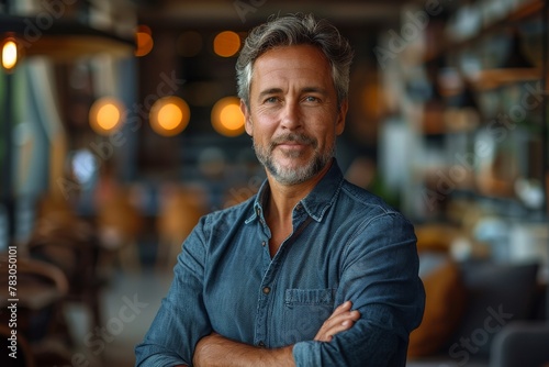 A portrait of a confident mature man with gray hair and a denim shirt, arms crossed, in a cafe setting