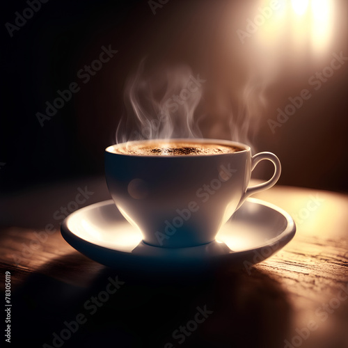 A steaming cup of fresh hot coffee on the table - the perfect morning