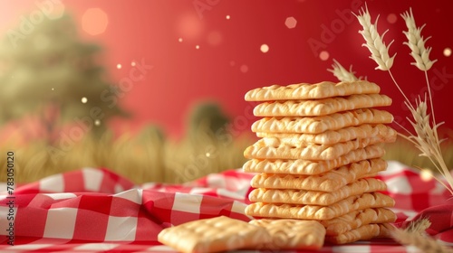Unflavored saltine crackers on a picnic plaid background with wheat stalks and unflavored saltine crackers on this ad template for saltine crackers. photo