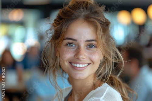 Close-up of a radiant young woman with sun-kissed freckles and a beaming smile, inside a lively cafe