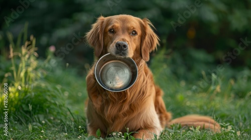 A Golden Retriever Holding Bowl photo