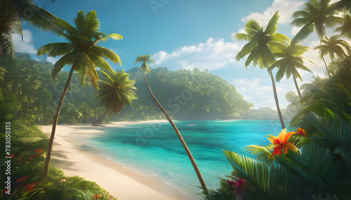 Tropical Beach Bliss: A serene scene of palm trees swaying on a sandy shore, against a backdrop of azure waters and a clear blue sky, background, banner