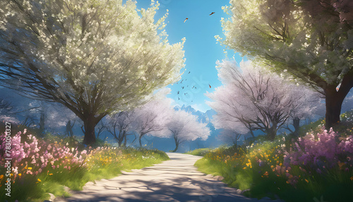 Blooming Tree in Spring Park Landscape under Blue Sky, background, banner