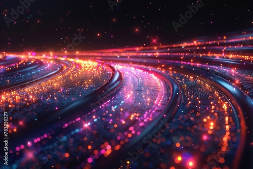 Digitally rendered image featuring multicolored light trails creating a surreal, futuristic landscape photo
