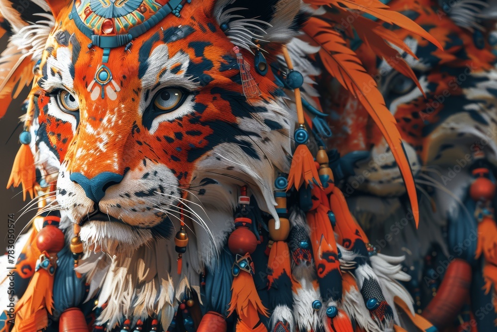 Stunning image of a fantastical tiger shaman adorned with an intricate feather headdress and tribal decor
