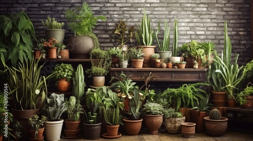 Illustration of indoor plants in pots on a shelf in a shop photo