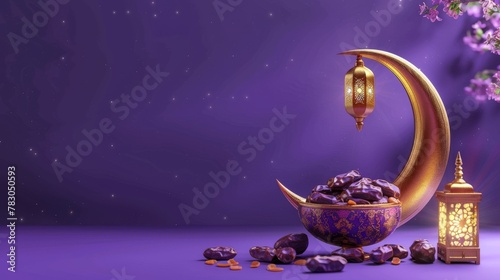 Ramadan greeting card featuring a crescent moon, Quran, and dried dates on a purple background. Calligraphy translation: blessed festival.