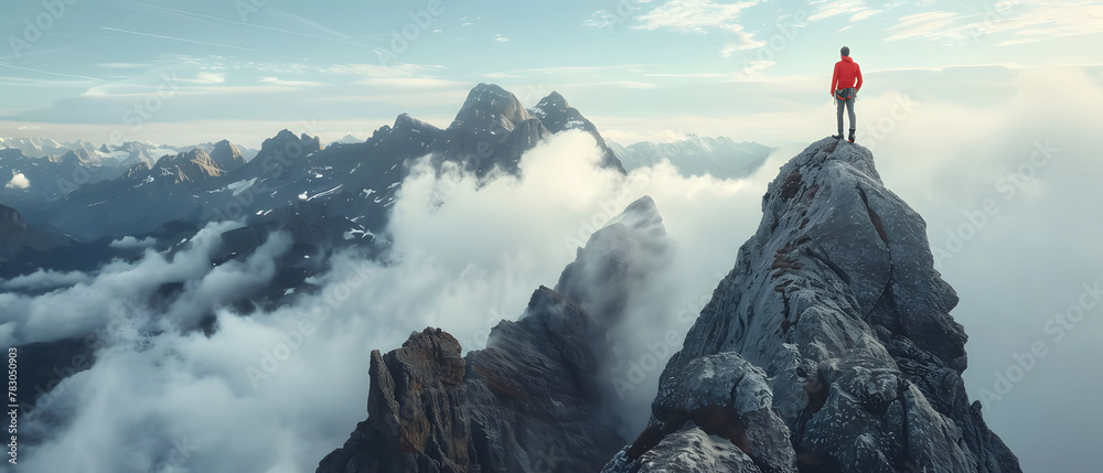 Climber reaching summit of towering mountain peak piercing through clouds, panoramic vista of jagged peaks, Sense of triumph and wonder - obrazy, fototapety, plakaty 