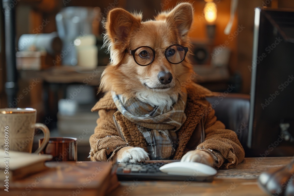 Canine humorously dressed in human clothing seemingly working on computer Canine humorously dressed in human clothing seemingly working on computer