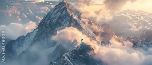 Climber reaching summit of towering mountain peak piercing through clouds, panoramic vista of jagged peaks, Sense of triumph and wonder photo