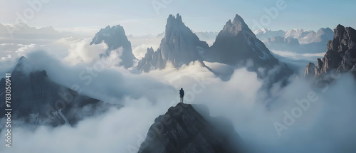 Climber reaching summit of towering mountain peak piercing through clouds, panoramic vista of jagged peaks, Sense of triumph and wonder