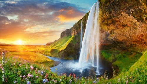 Nature's Spectacle: Seljalandsfoss Waterfall Bathed in Sunset Hues photo