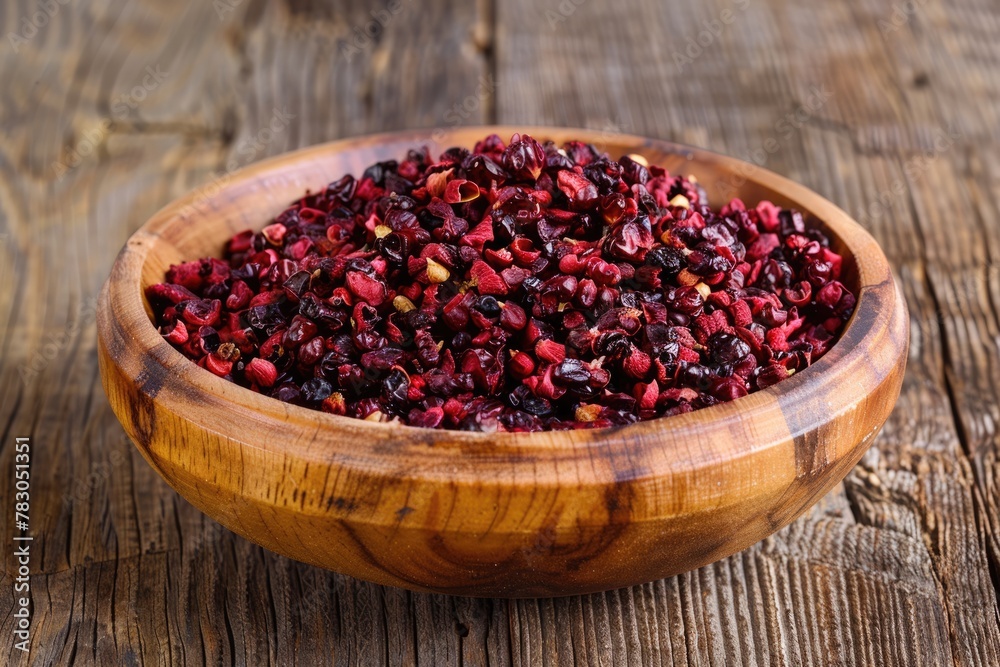 Healthy and Organic Barberries in Wooden Bowl on Rustic Table. Pile of Dried Barberries, a Favorful Herbal Ingredient for a Healthier Diet Healthy and Organic Barberries in Wooden Bowl on Rustic Table. Pile of Dried Barberries, a Favorful Herbal Ingredient for a Healthier Diet