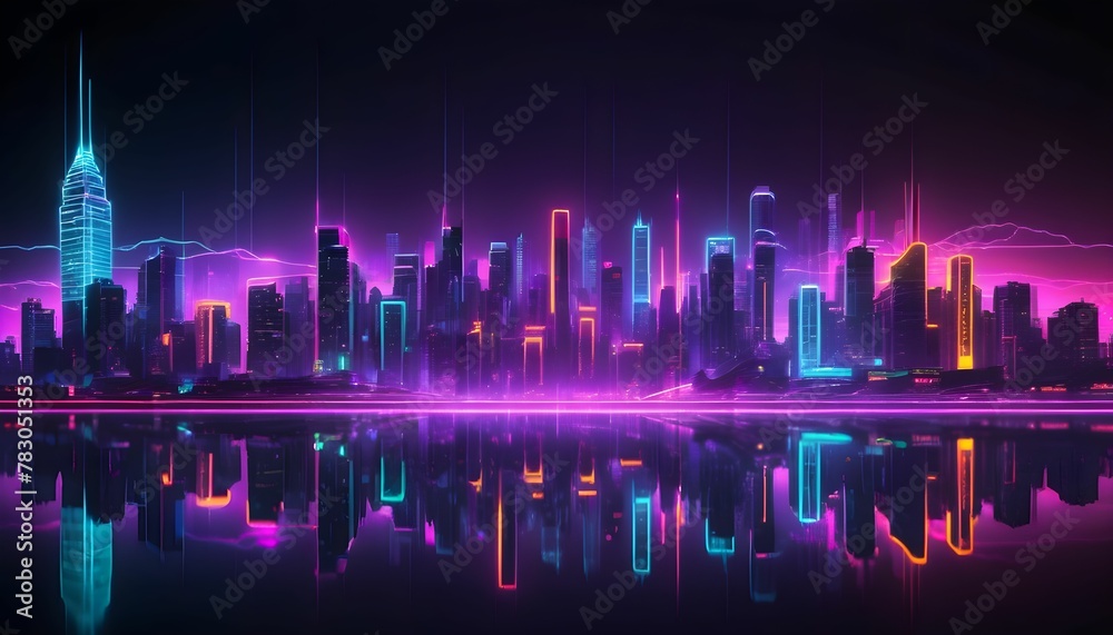 neon mega city with light reflection from puddles on street heading toward buildings. Concept for night life, business district center (CBD)Cyber punk theme, tech background	