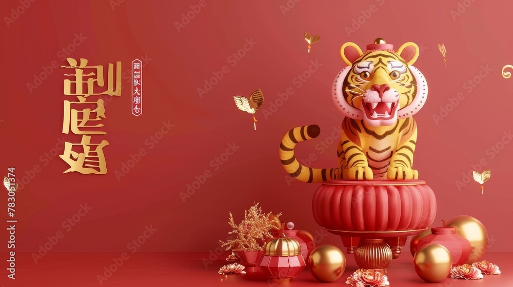 Chinese New Year banner, 2022 Year of The Tiger, with a 3D rendering of a tiger standing on a Chinese drumhead. The text welcomes the New Year in Chinese.