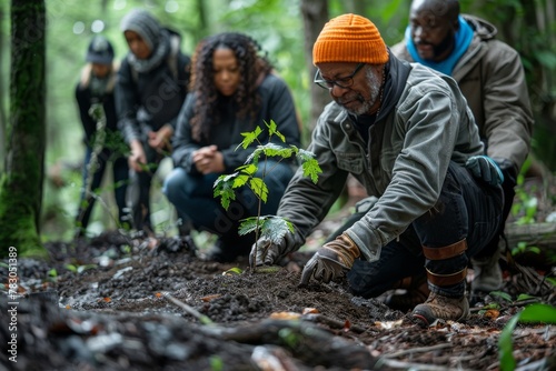 A diverse group of people are engaged in planting a sapling together in a lush forest setting