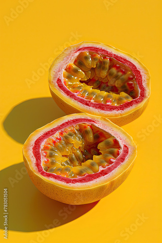 cut passion fruit isolated on golden yellow background 