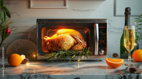 Advertisement for microwave oven. 3D illustration showing the whole chicken being roasted in the microwave oven with an orange champagne flute and rosemary on a marble countertop
