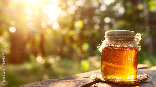 Honey in jar on wooden table with nature bokeh background
