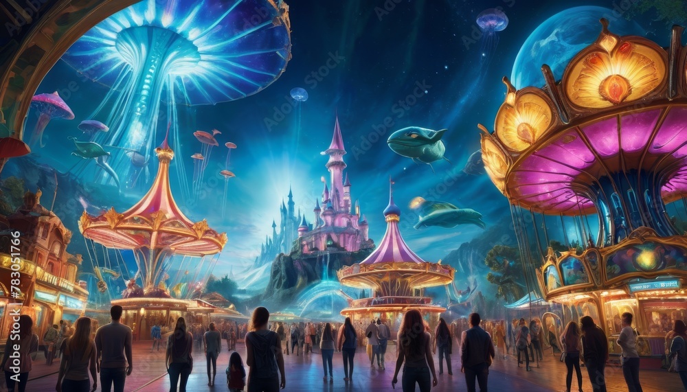 Visitors explore a vibrant intergalactic theme park under a night sky illuminated by planets and floating jellyfish-like creatures.. AI Generation