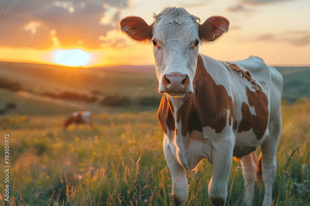 Serene Sunset Pasture: A Cow's Tranquil Evening. Concept Nature Photography, Farm Animal Portraits, Rural Scenes, Sunset Reflections, Tranquil Moments