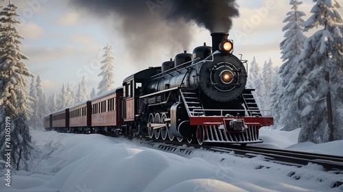 Steam locomotive in the winter forest. Steam train in the winter forest.