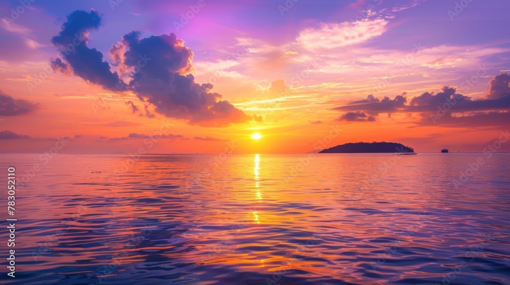 Sunset over sea with island silhouette in background AI generated Sunset over sea with island silhouette in background AI generated