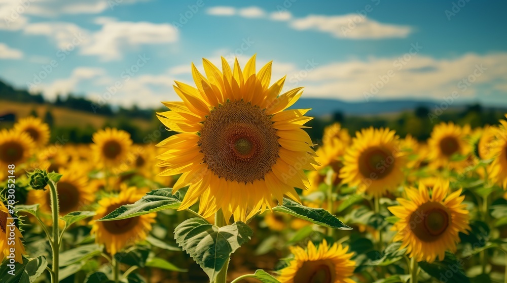 Sunflower field with blue sky and sunflowers in the background