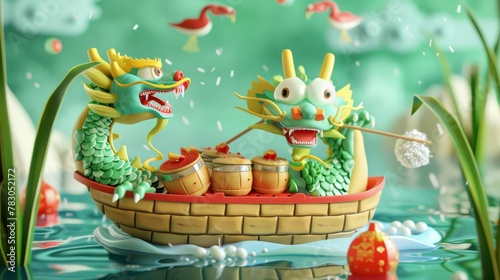Dragon Boat Festival card. Cute cartoon dragon boat loaded with drums and wineware, floating on the river. Text: Happy Duanwu festival. © Mark