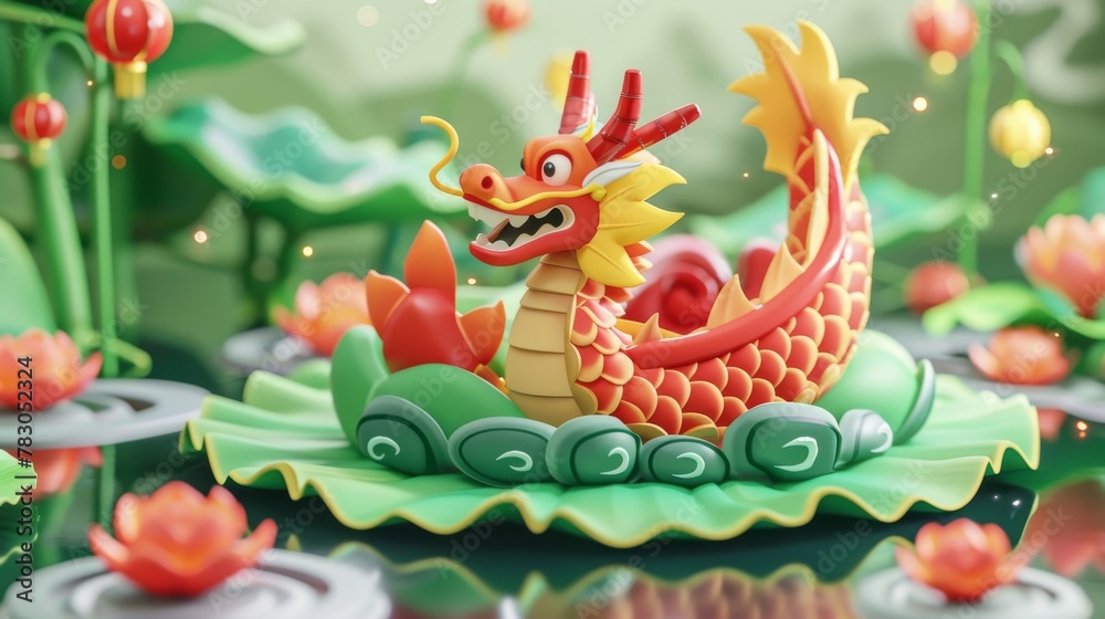 Cute cartoon dragon boat on a giant round lotus leaf in a pond for the Dragon Boat Festival banner.