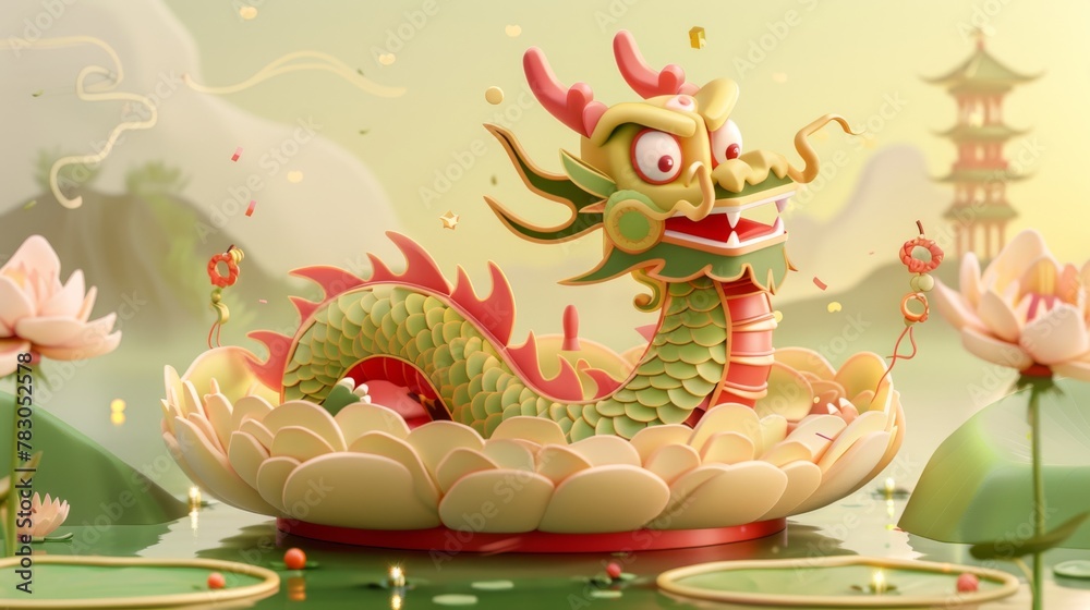This banner depicts a cute cartoon dragon boat with festive elements on top of a giant round lotus leaf on a pond, with text 