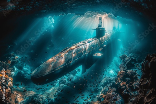 An underwater photo capturing the majestic scene of a sunken submarine with sun rays filtering through the water surface © Larisa AI